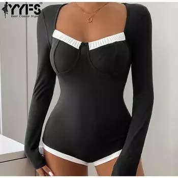 YYFS Женские модные повседневные боди с однотонным принтом весна-осень с длинным рукавом и V-образным вырезом S чёрный