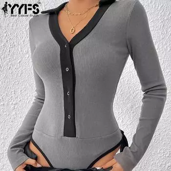 YYFS Женские модные повседневные боди с однотонным принтом весна-осень с длинным рукавом и V-образным вырезом S темно-серого