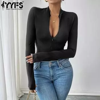 YYFS Женские модные повседневные боди с однотонным принтом весна-осень с длинным рукавом и V-образным вырезом S чёрный