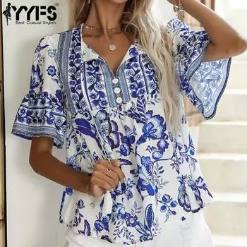 YYFS женские модные повседневные богемные футболки и топы с короткими рукавами и v-образным вырезом S синий