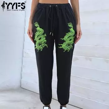 YYFS Женские модные повседневные брюки и капри с высокой талией и принтом дракона L чёрный