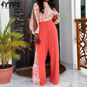 YYFS женские модные повседневные брюки с цветочным принтом и длинным рукавом, полуводолазка, брюки, костюмы S красный