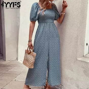 YYFS женские модные повседневные брюки с цветочным принтом, лето и весна, с короткими рукавами и квадратным воротником, брюки, комбинезоны и комбинезоны S