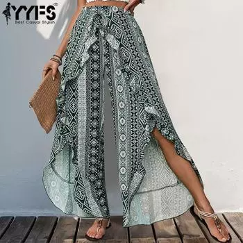 YYFS Женские модные повседневные брюки с высокой талией и капри с геометрическим принтом S зелёный