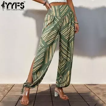 YYFS Женская мода Повседневный Bohemia Print High Talya Брюки и капри S зелёный