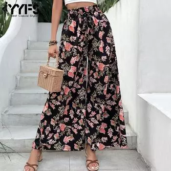 YYFS женские модные повседневные брюки с высокой талией и цветочным принтом, брюки и капри S чёрный