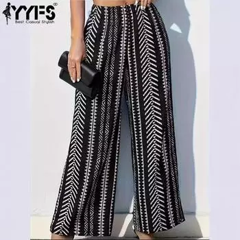 YYFS Женские модные повседневные брюки с высокой талией и капри с геометрическим принтом S чёрный
