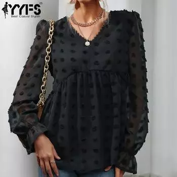 YYFS Женские модные повседневные черные блузки и рубашки с v-образным вырезом и длинными рукавами S чёрный