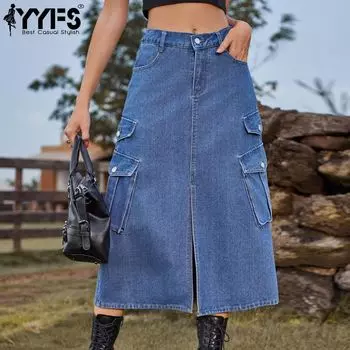 YYFS Женские модные повседневные джинсовые юбки весна-лето S армия зеленый