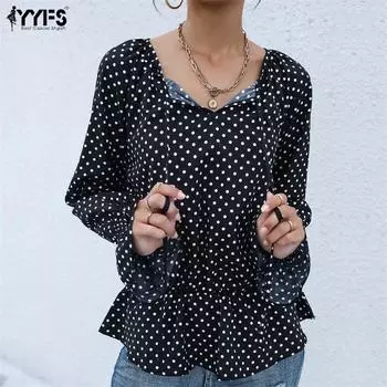 YYFS женские модные повседневные футболки с v-образным вырезом и топы с длинными рукавами с принтом в горошек, лето и весна S чёрный