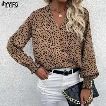 YYFS женские модные повседневные футболки с v-образным вырезом с леопардовым принтом, лето-весна и топы с длинными рукавами S