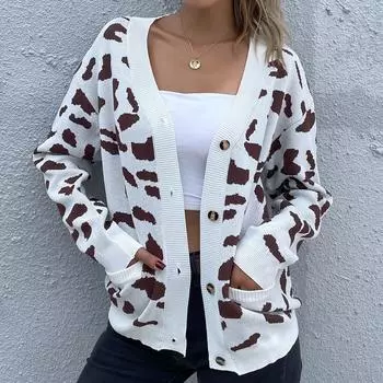YYFS женские модные повседневные кардиганы с леопардовым принтом осень-зима с длинными рукавами и v-образным вырезом S хаки