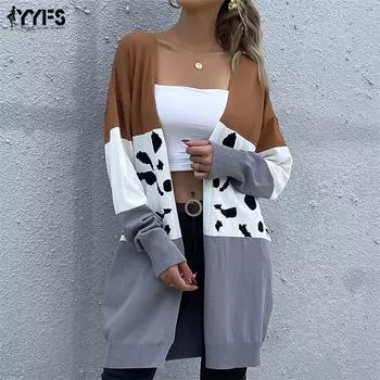 YYFS женские модные повседневные кардиганы с леопардовым принтом осень-зима с длинными рукавами S хаки