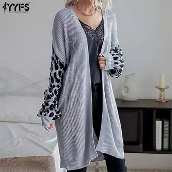 YYFS женские модные повседневные кардиганы с леопардовым принтом осень-зима с длинными рукавами S серый