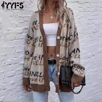 YYFS женские модные повседневные кардиганы с любовным письмом и принтом осень-зима с длинными рукавами S хаки