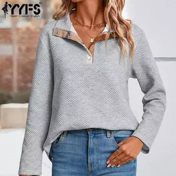 YYFS женские модные повседневные клетчатые блузки и рубашки-поло с длинными рукавами и воротником-стойкой S светло-серый