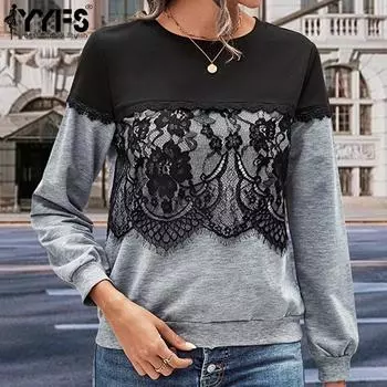 YYFS женские модные повседневные кружевные блузки и рубашки с круглым вырезом и длинными рукавами S серый