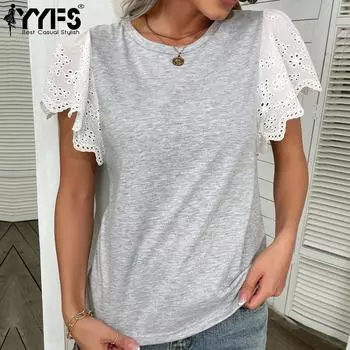 YYFS женские модные повседневные кружевные футболки и топы с коротким рукавом и круглым вырезом S светло-серый