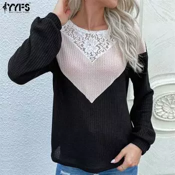 YYFS женские модные повседневные кружевные осенне-зимние свитера с длинным рукавом и круглым вырезом S чёрный