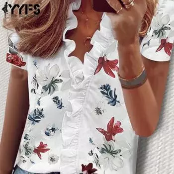 YYFS женские модные повседневные летние блузки и рубашки с короткими рукавами и цветочным узором S бежевый