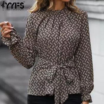 YYFS женские модные повседневные летние блузки и рубашки с круглым вырезом и длинными рукавами с леопардовым принтом S хаки