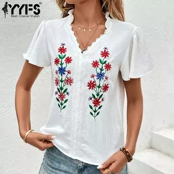 YYFS женские модные повседневные летние блузки и рубашки с v-образным вырезом и коротким рукавом с цветочным узором S белый