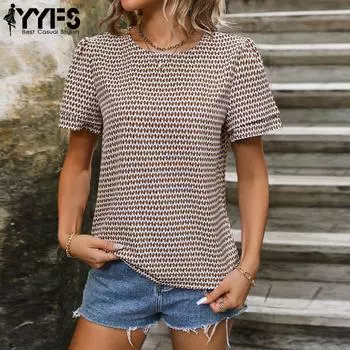 YYFS женские модные повседневные летние блузки и рубашки с короткими рукавами и круглым вырезом S хаки