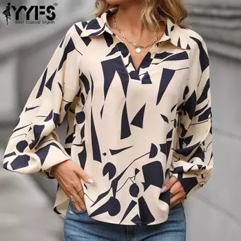 YYFS женские модные повседневные летние блузки и рубашки-поло с длинным рукавом и геометрическим принтом