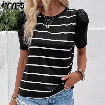 YYFS женские модные повседневные летние блузки и рубашки с круглым вырезом и короткими рукавами в полоску с принтом S чёрный