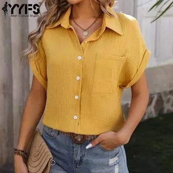 YYFS женские модные повседневные летние и весенние однотонные рубашки-поло с коротким рукавом и принтом, блузки и рубашки S имбирный