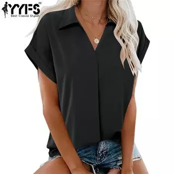 YYFS женские модные повседневные летние и весенние однотонные рубашки-поло с коротким рукавом и принтом, блузки и рубашки S чёрный