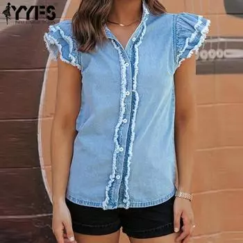 YYFS женские модные повседневные летние и весенние однотонные рубашки-поло с коротким рукавом и принтом, блузки и рубашки S