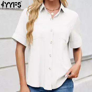 YYFS женские модные повседневные летние и весенние однотонные рубашки-поло с коротким рукавом и принтом, блузки и рубашки S белый