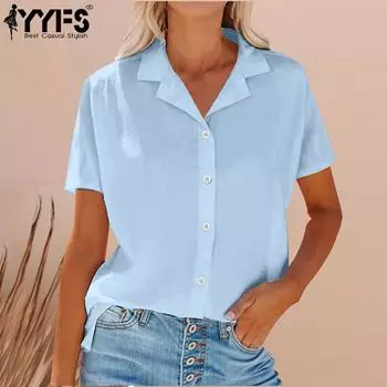 YYFS женские модные повседневные летние и весенние однотонные рубашки-поло с коротким рукавом и принтом, блузки и рубашки S светло-синий