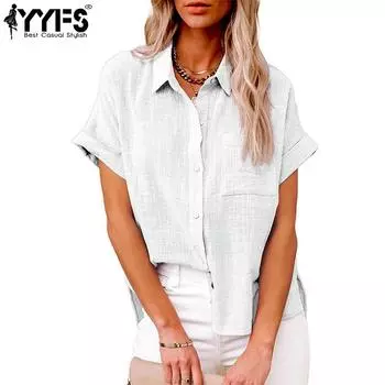 YYFS женские модные повседневные летние и весенние однотонные рубашки-поло с коротким рукавом и принтом, блузки и рубашки S белый