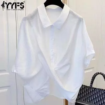 YYFS женские модные повседневные летние и весенние однотонные рубашки-поло с коротким рукавом и принтом, блузки и рубашки M белый