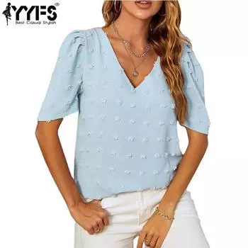 YYFS женские модные повседневные летние однотонные блузки и рубашки с короткими рукавами и v-образным вырезом с принтом S белый