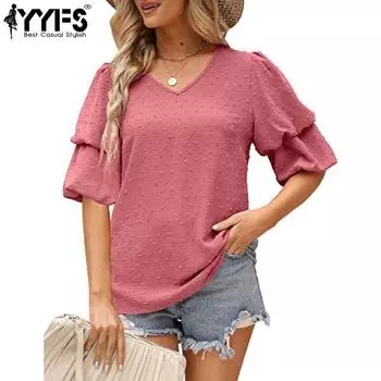 YYFS женские модные повседневные летние однотонные блузки и рубашки с короткими рукавами и v-образным вырезом с принтом S