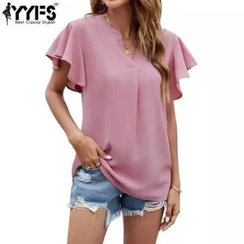 YYFS женские модные повседневные летние однотонные блузки и рубашки без рукавов с v-образным вырезом и принтом S