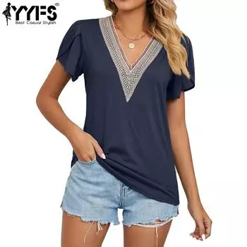 YYFS женские модные повседневные летние однотонные блузки и рубашки с короткими рукавами и v-образным вырезом с принтом S