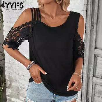 YYFS женские модные повседневные летние однотонные блузки и рубашки с короткими рукавами и принтом на одно плечо S чёрный