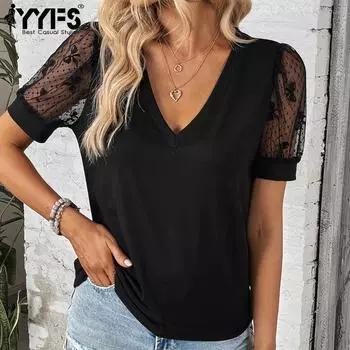 YYFS женские модные повседневные летние однотонные блузки и рубашки с короткими рукавами и v-образным вырезом с принтом S чёрный