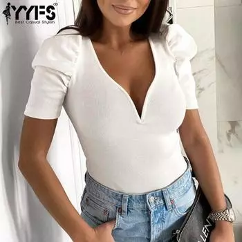 YYFS женские модные повседневные летние однотонные блузки и рубашки с короткими рукавами и v-образным вырезом с принтом S белый