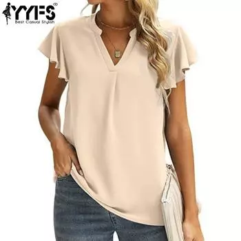 YYFS женские модные повседневные летние однотонные блузки и рубашки с короткими рукавами и v-образным вырезом с принтом S