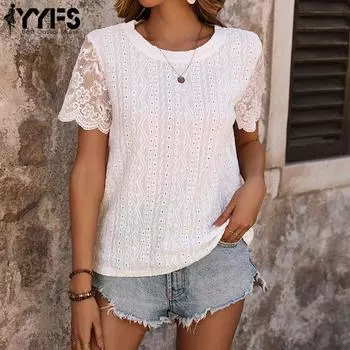 YYFS женские модные повседневные летние однотонные блузки и рубашки с короткими рукавами и круглым вырезом с принтом S белый