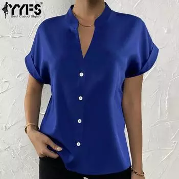 YYFS женские модные повседневные летние однотонные блузки и рубашки с короткими рукавами и v-образным вырезом с принтом S синий