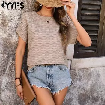 YYFS женские модные повседневные летние однотонные блузки и рубашки с короткими рукавами и круглым вырезом с принтом S хаки