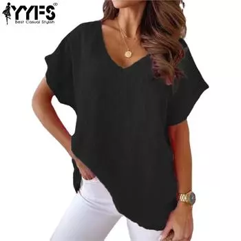 YYFS женские модные повседневные летние однотонные блузки и рубашки с короткими рукавами и v-образным вырезом с принтом