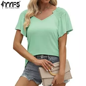 YYFS женские модные повседневные летние однотонные блузки и рубашки с короткими рукавами и v-образным вырезом с принтом S