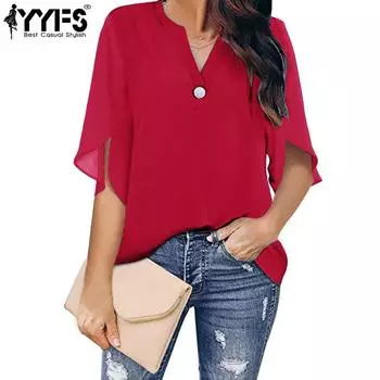 YYFS женские модные повседневные летние однотонные блузки и рубашки с короткими рукавами и v-образным вырезом с принтом